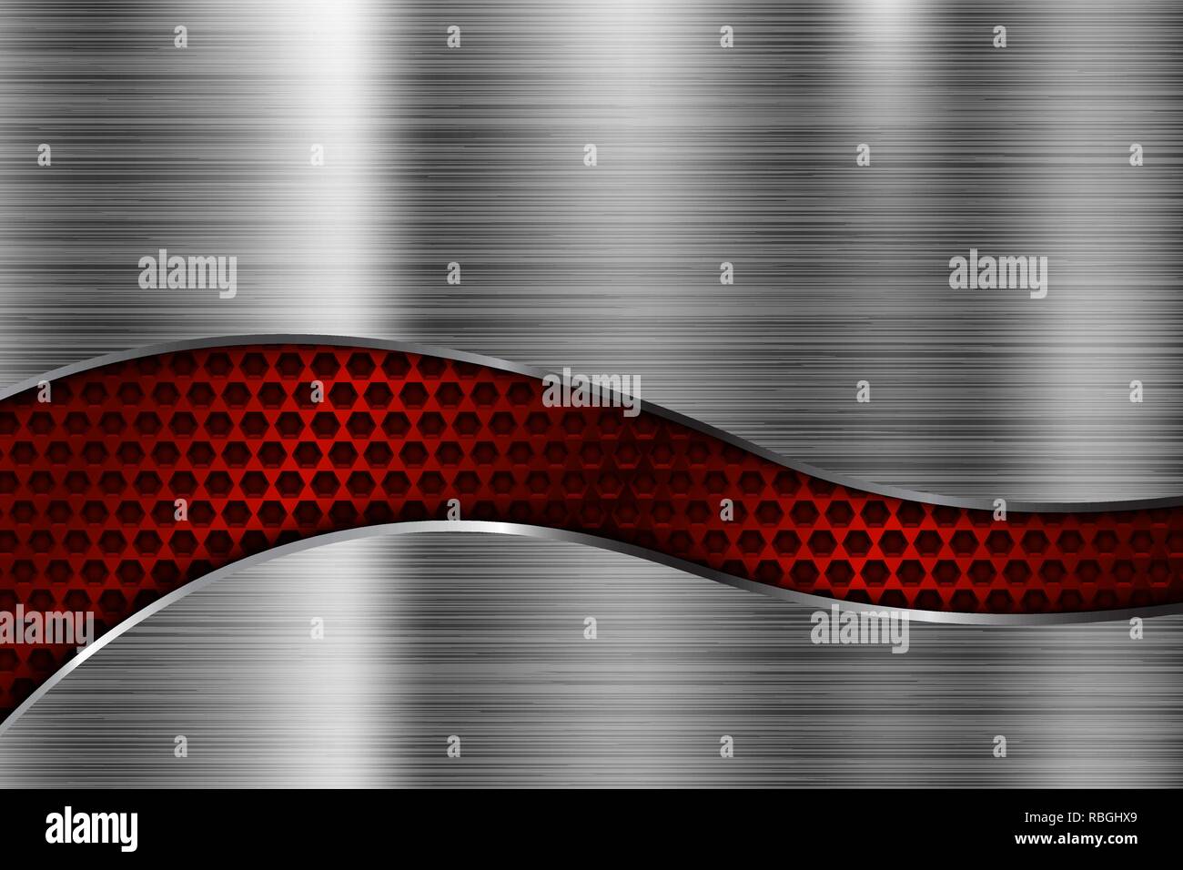 Brushed metal texture. Scratched metallic surface with red perforation Stock Vector