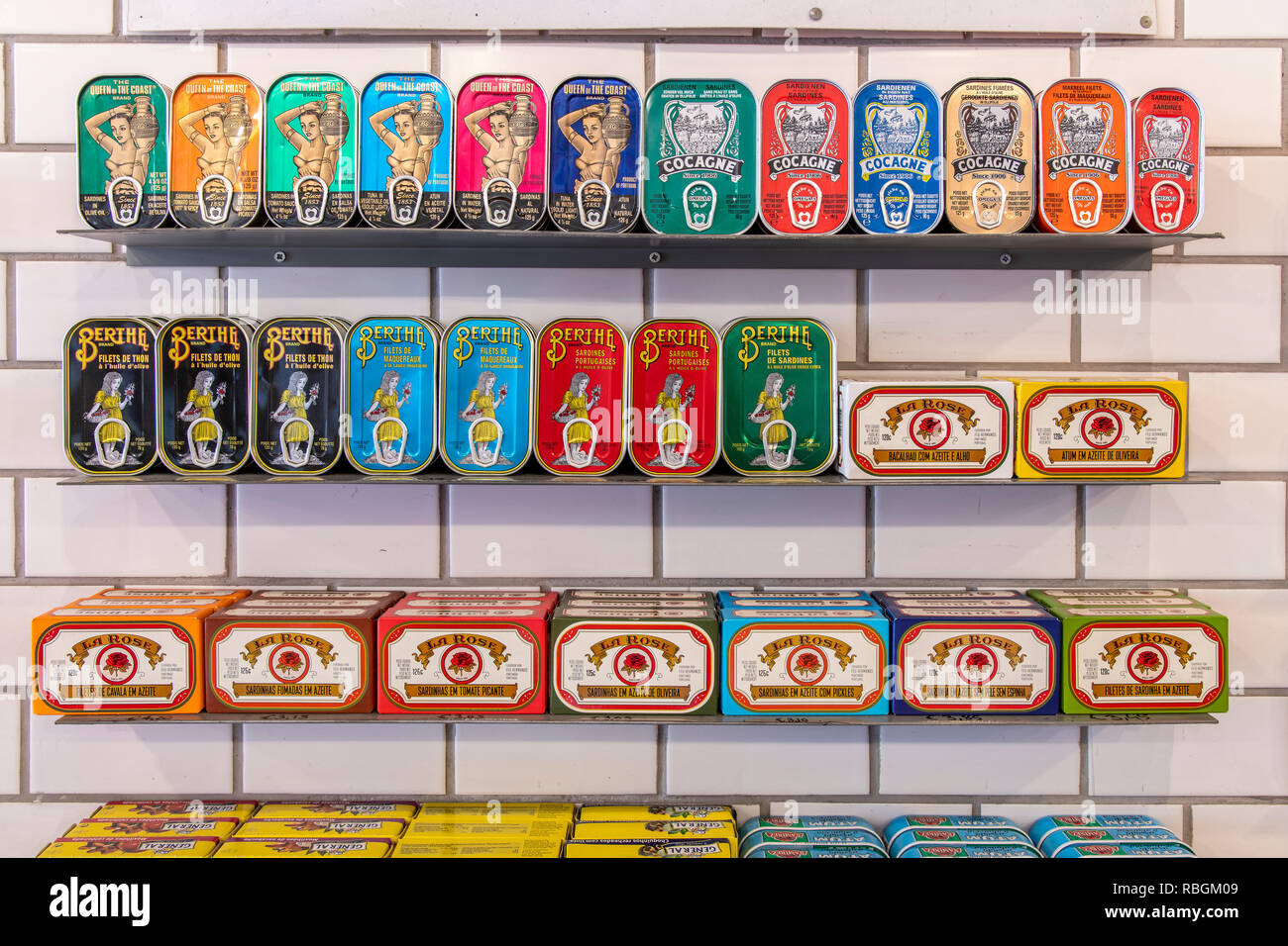 Traditional canned fish for sale at Conserveira de Lisboa shop, Lisbon, Portugal Stock Photo
