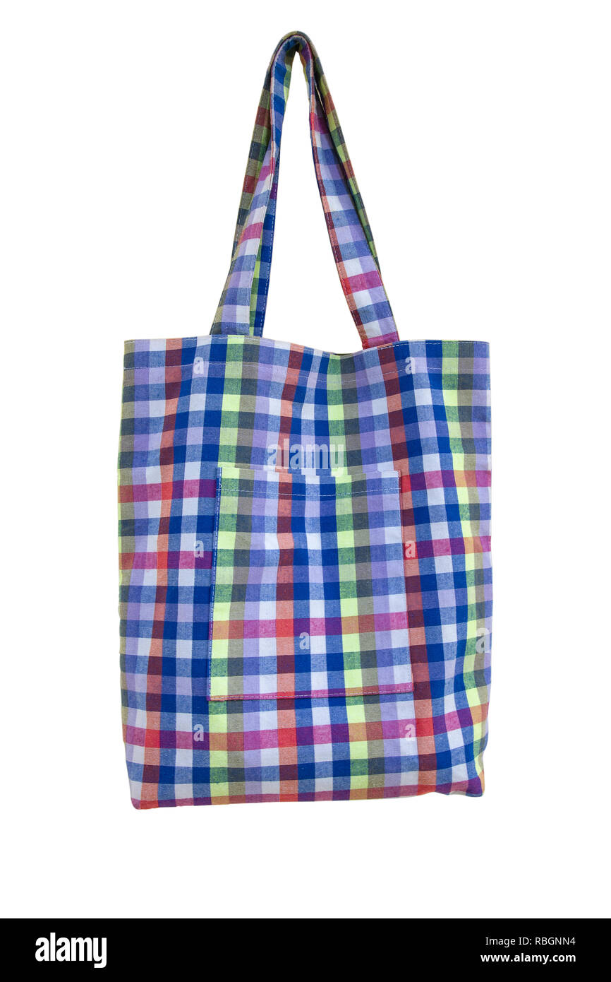 Plaid fabric bag isolate on white background with clipping path. Stock Photo
