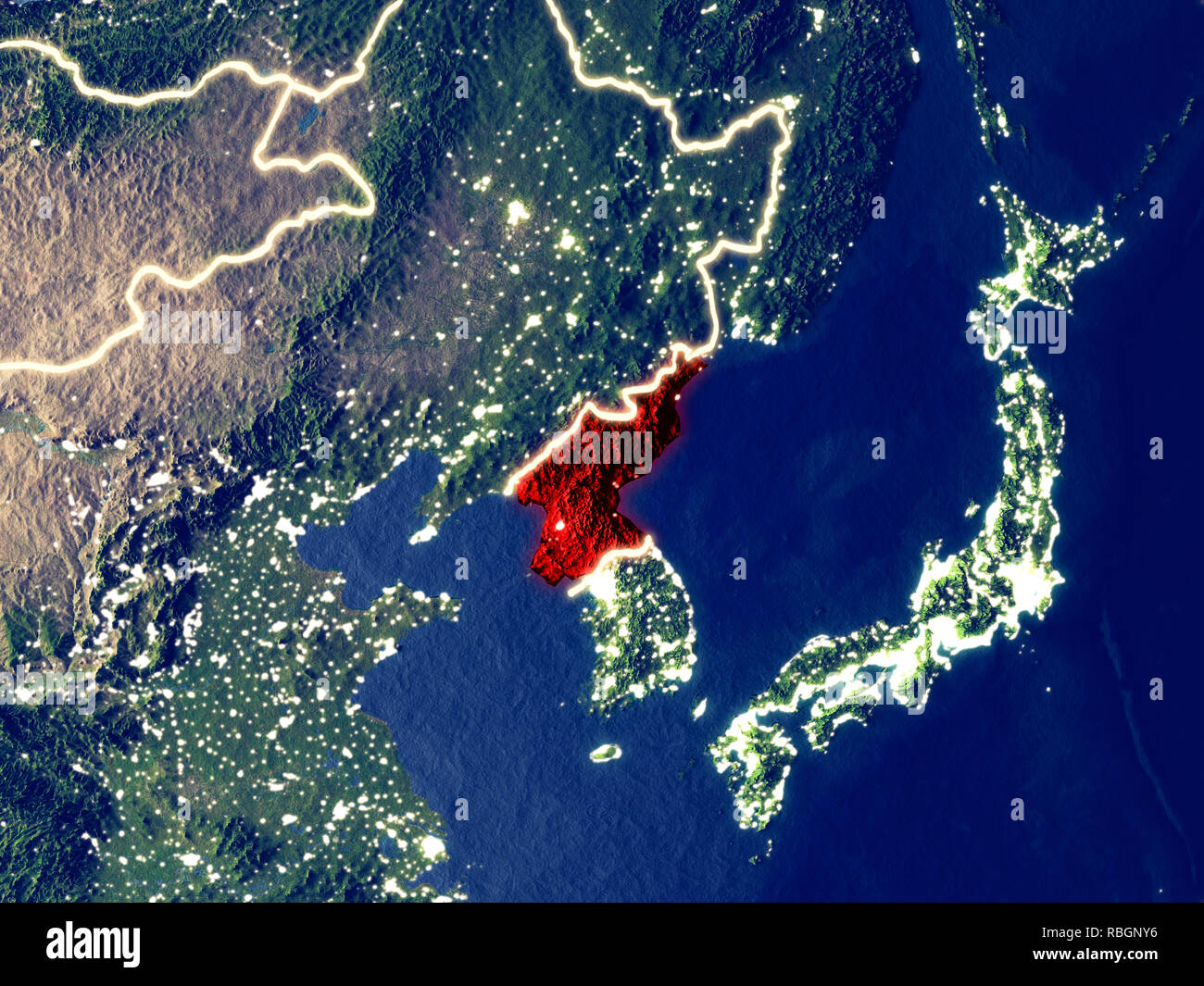 North Korea from space on Earth at night. Very fine detail of the plastic  planet surface with bright city lights. 3D illustration. Elements of this  im Stock Photo - Alamy