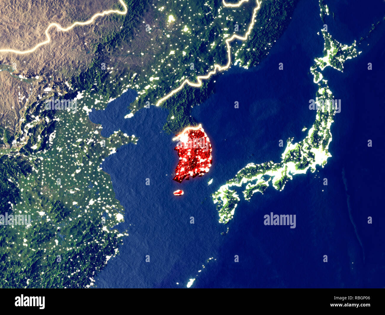 South Korea from space on Earth at night. Very fine detail of the ...