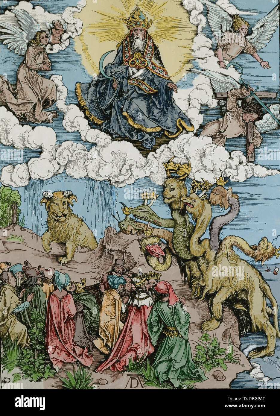 The beast with the lamb's horns and the beast with 7 heads. Apocalypse of Albrecht Durer. 1498. Stock Photo