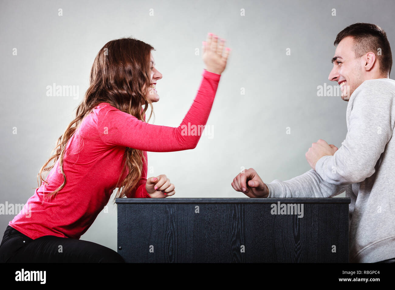 Happy couple having fun and fooling around. Joyful man and woman have nice time. Good relationship. Stock Photo