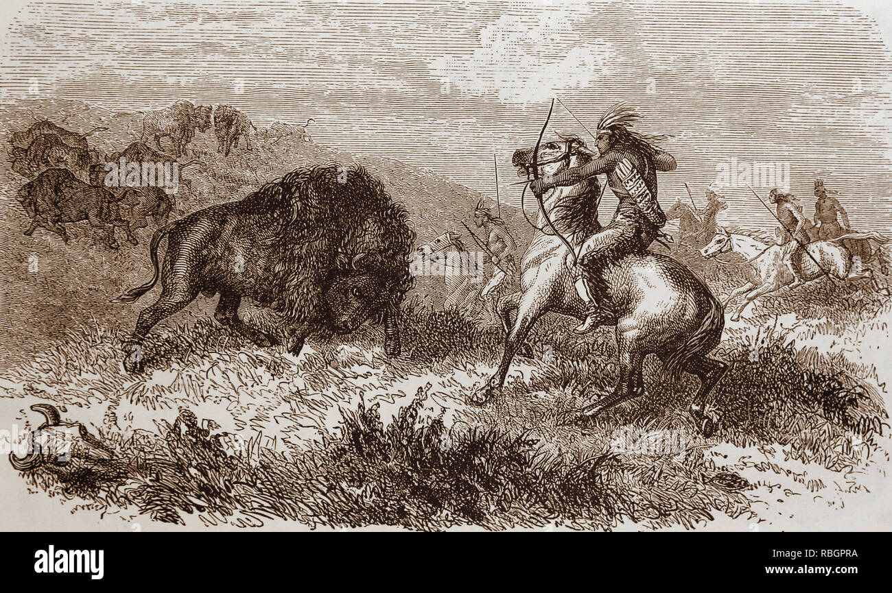 United States. Native Americans. Bison hunting. Engraving, 19th century. Stock Photo