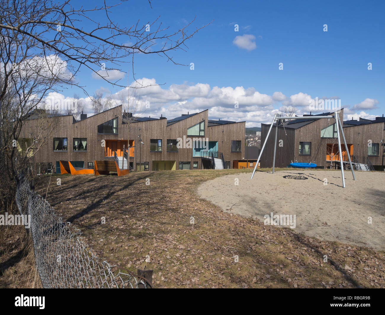 Climate neutral first home for youth, rental apartments and row houses in the suburb of Furuset, Oslo Norway Stock Photo