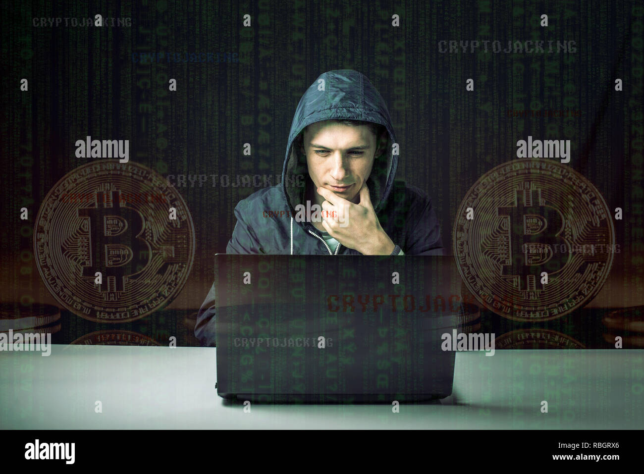 A hacker with a face is trying to steal cryptocurrency using a computer ...