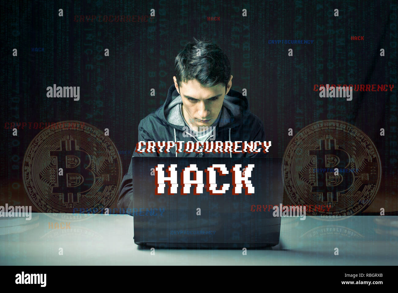 A hacker with a face is trying to steal cryptocurrency using a computer ...