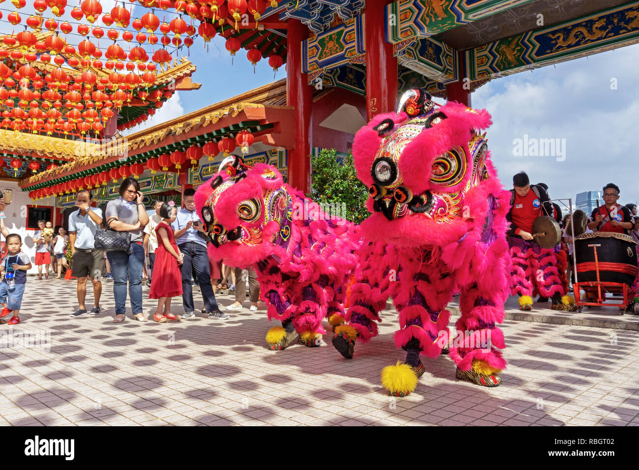 Kuala Lumpur, Malaysia - February 16, 2018: Lion dance during Chinese New Year celebration in Thean Hou Temple. Stock Photo