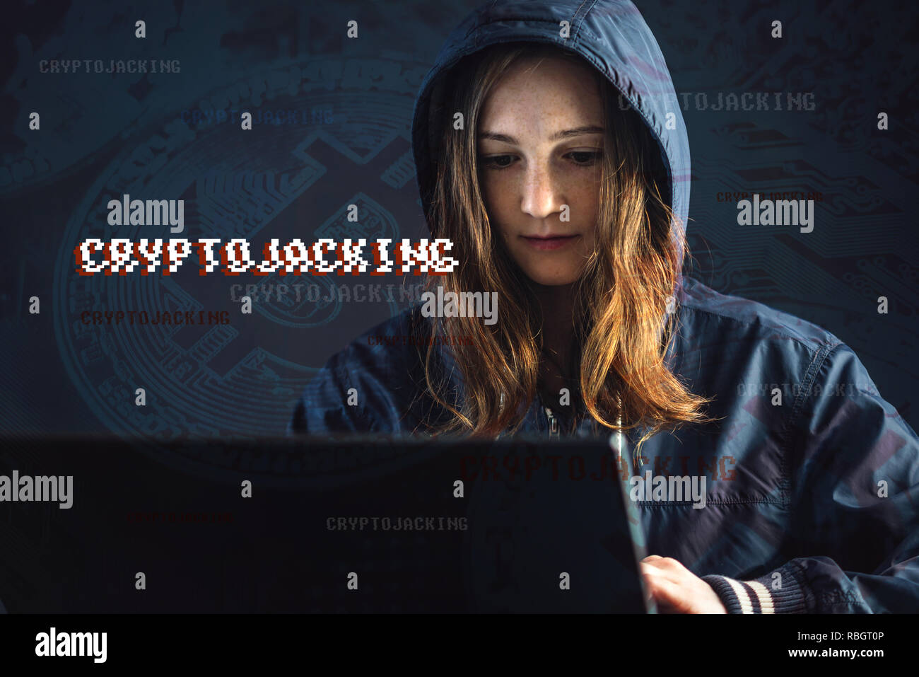 A girl hacker with a face is trying to steal cryptocurrency using a  computer. Fraud and scam at Cryptojacking Stock Photo - Alamy
