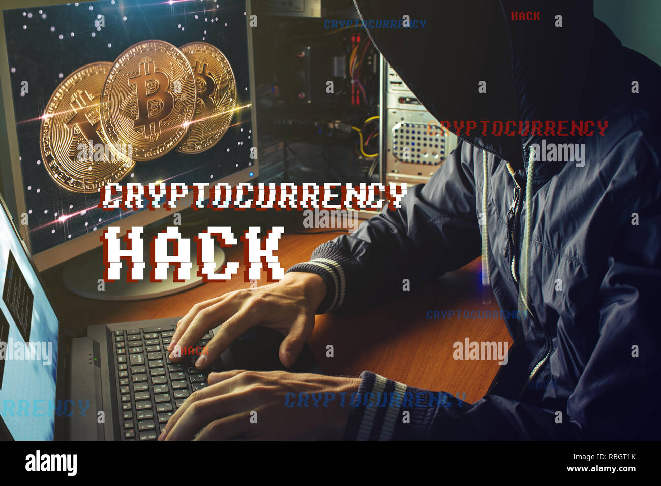 An anonymous hacker without a face is trying to steal cryptocurrency using a computer. Fraud and deception at Cryptojacking Stock Photo