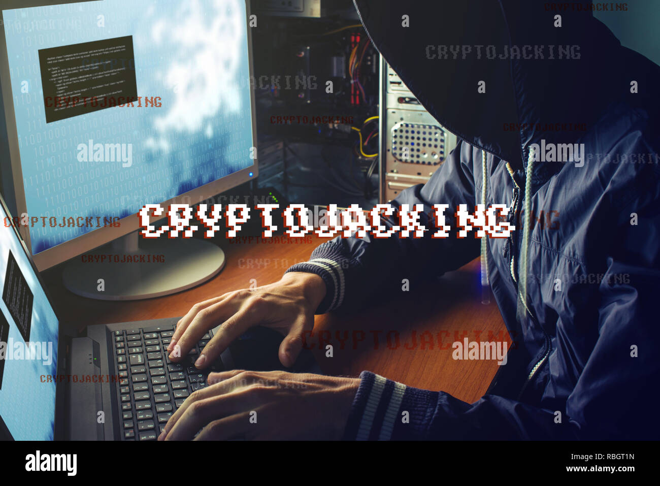 An anonymous hacker without a face is trying to steal cryptocurrency using  a computer. Fraud and deception at Cryptojacking Stock Photo - Alamy