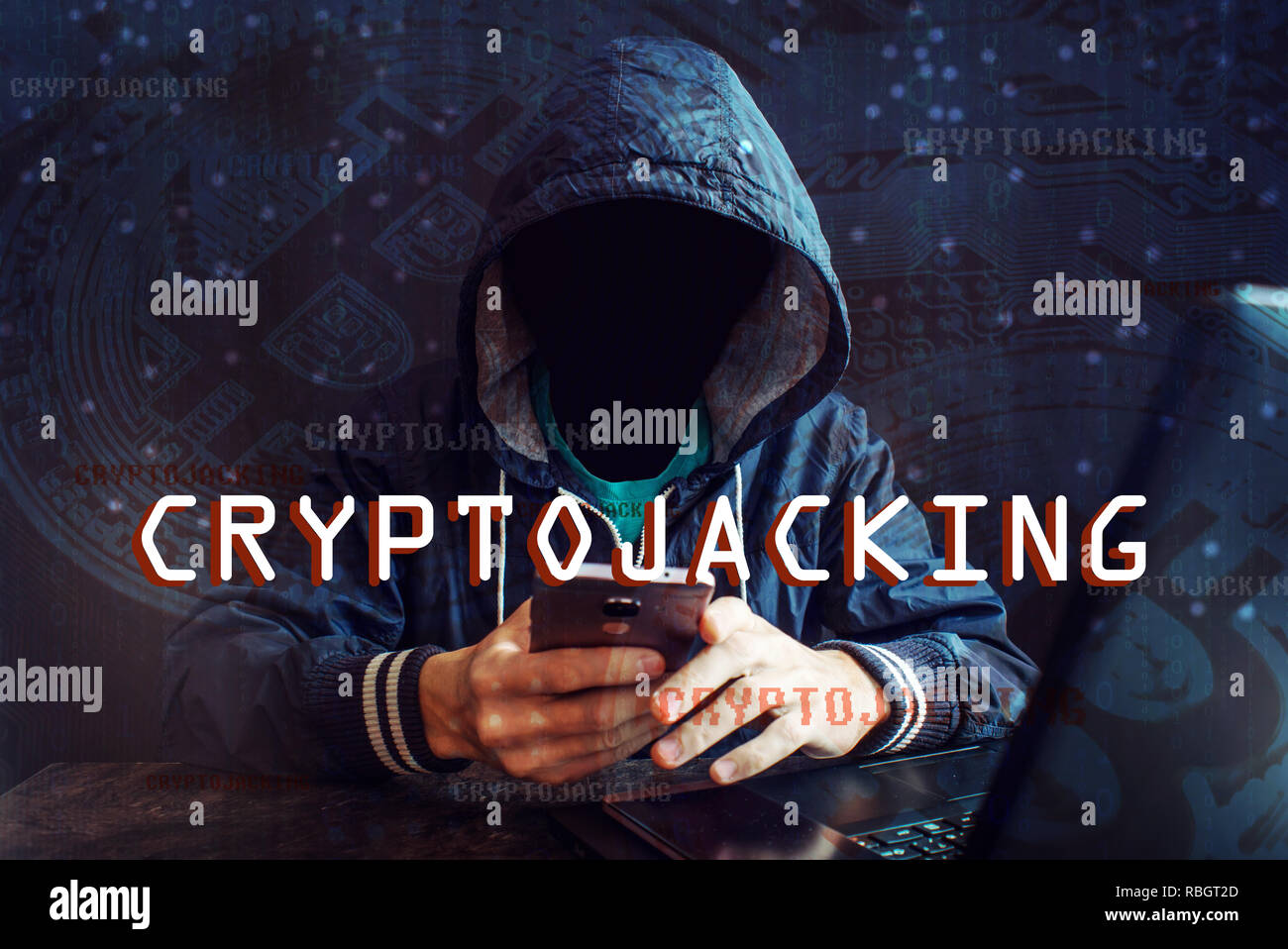 An anonymous hacker without a face is trying to steal cryptocurrency using  a computer. Fraud and deception at Cryptojacking Stock Photo - Alamy