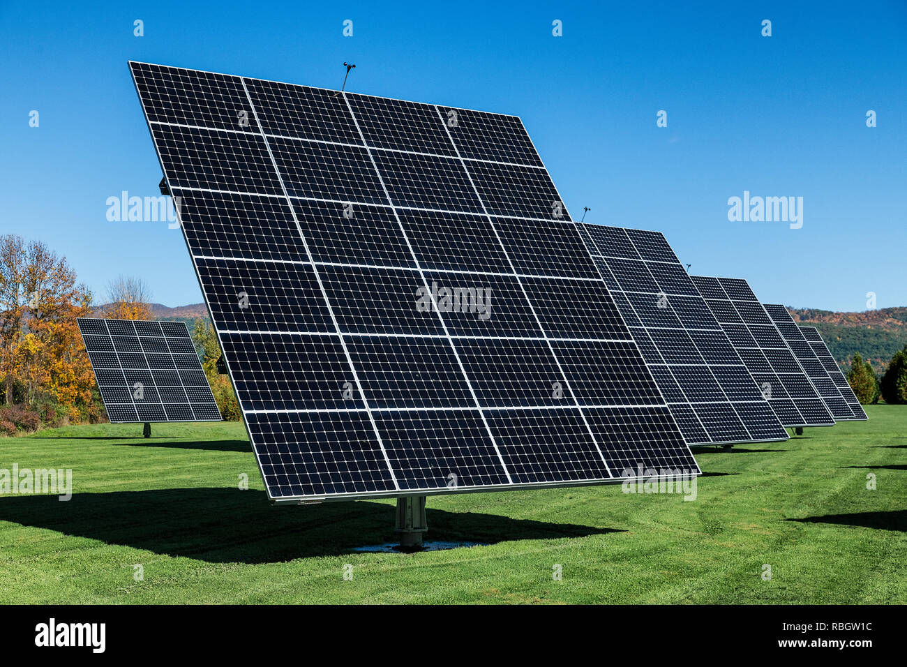 Solar farm, Middlebury, Vermont, USA. Stock Photo