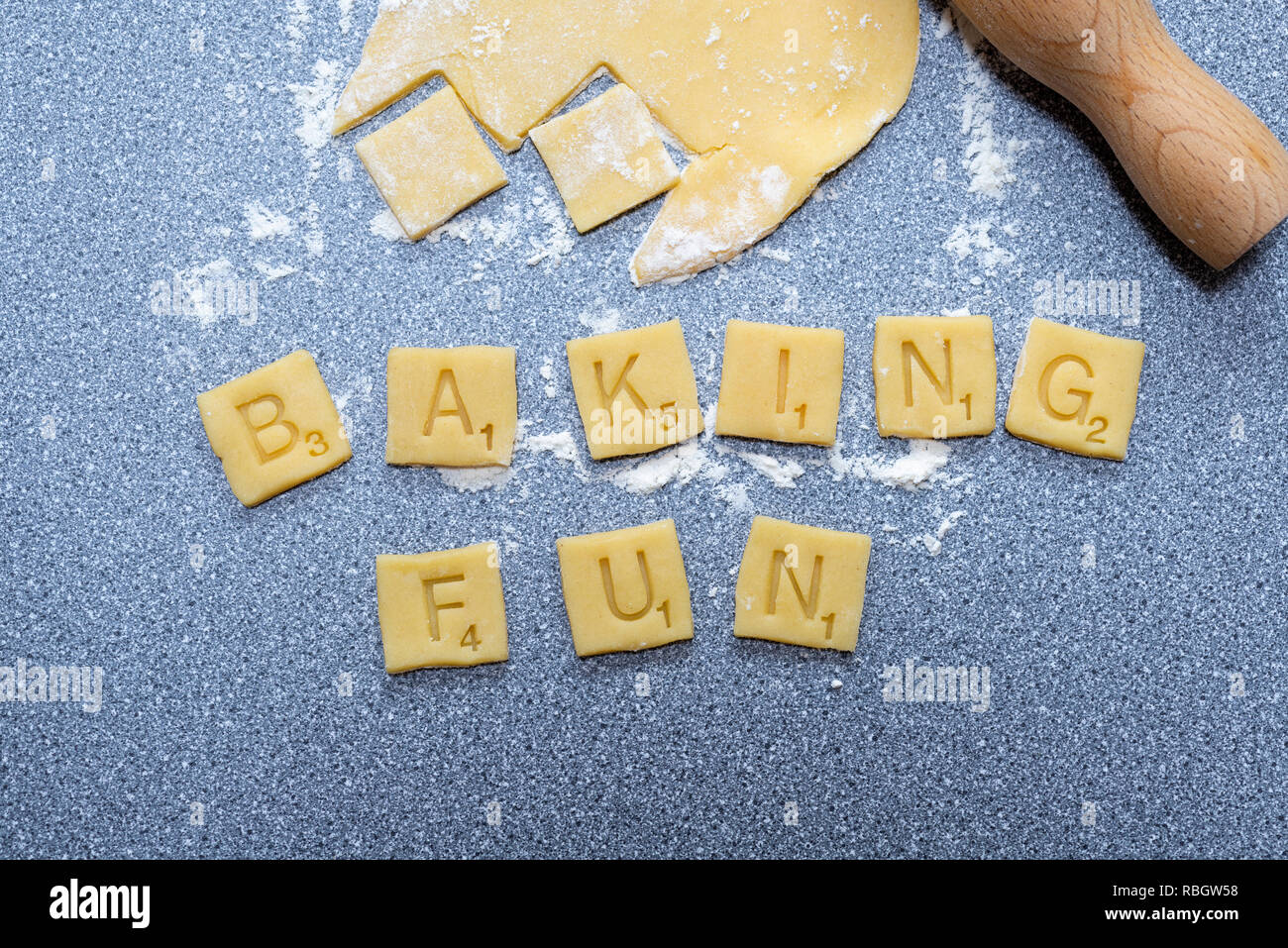 Baking fun - scrabble words made from biscuit / cookie dough. Stock Photo