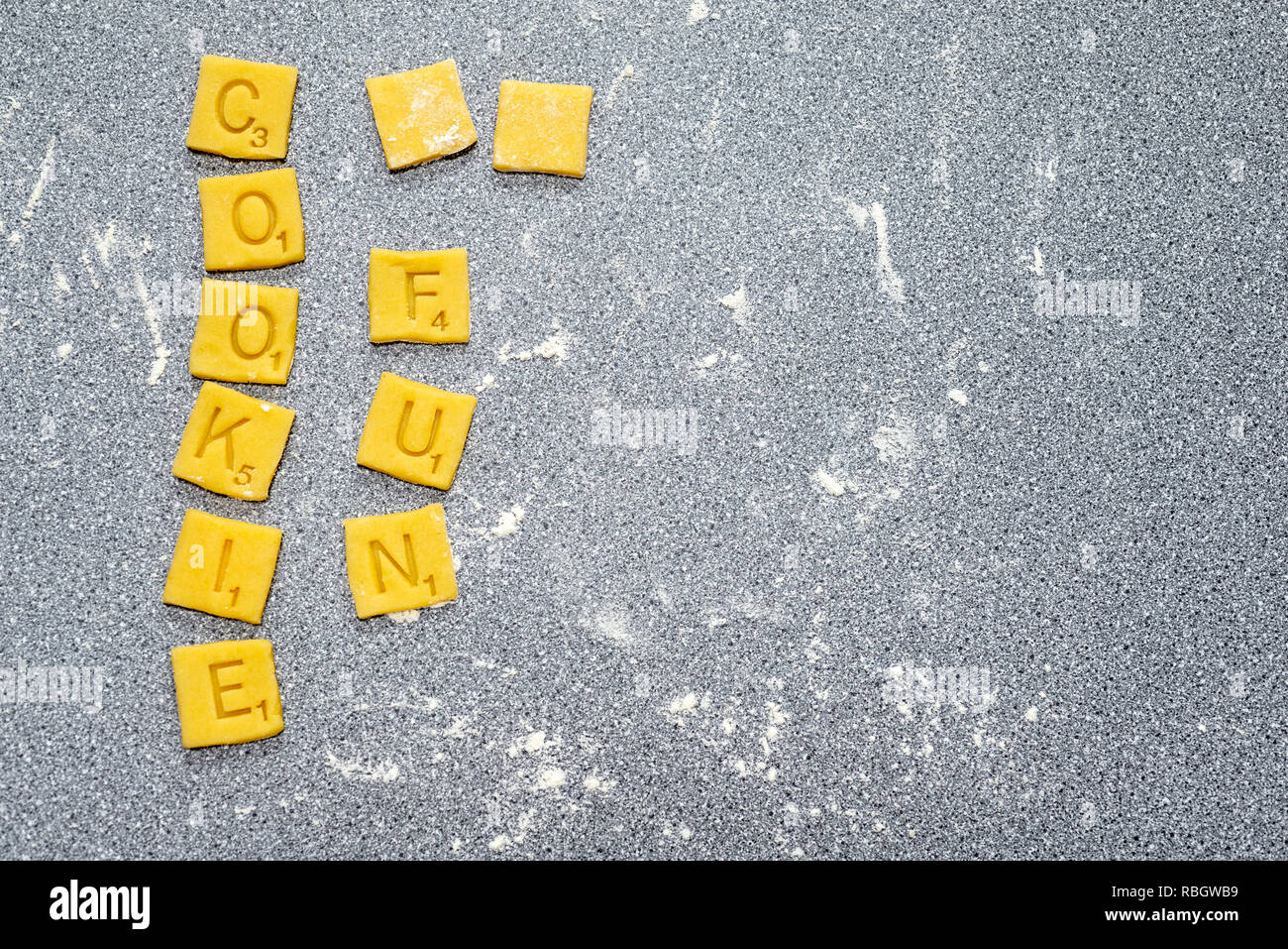 Cooking fun - scrabble words made from biscuit / cookie dough. Stock Photo