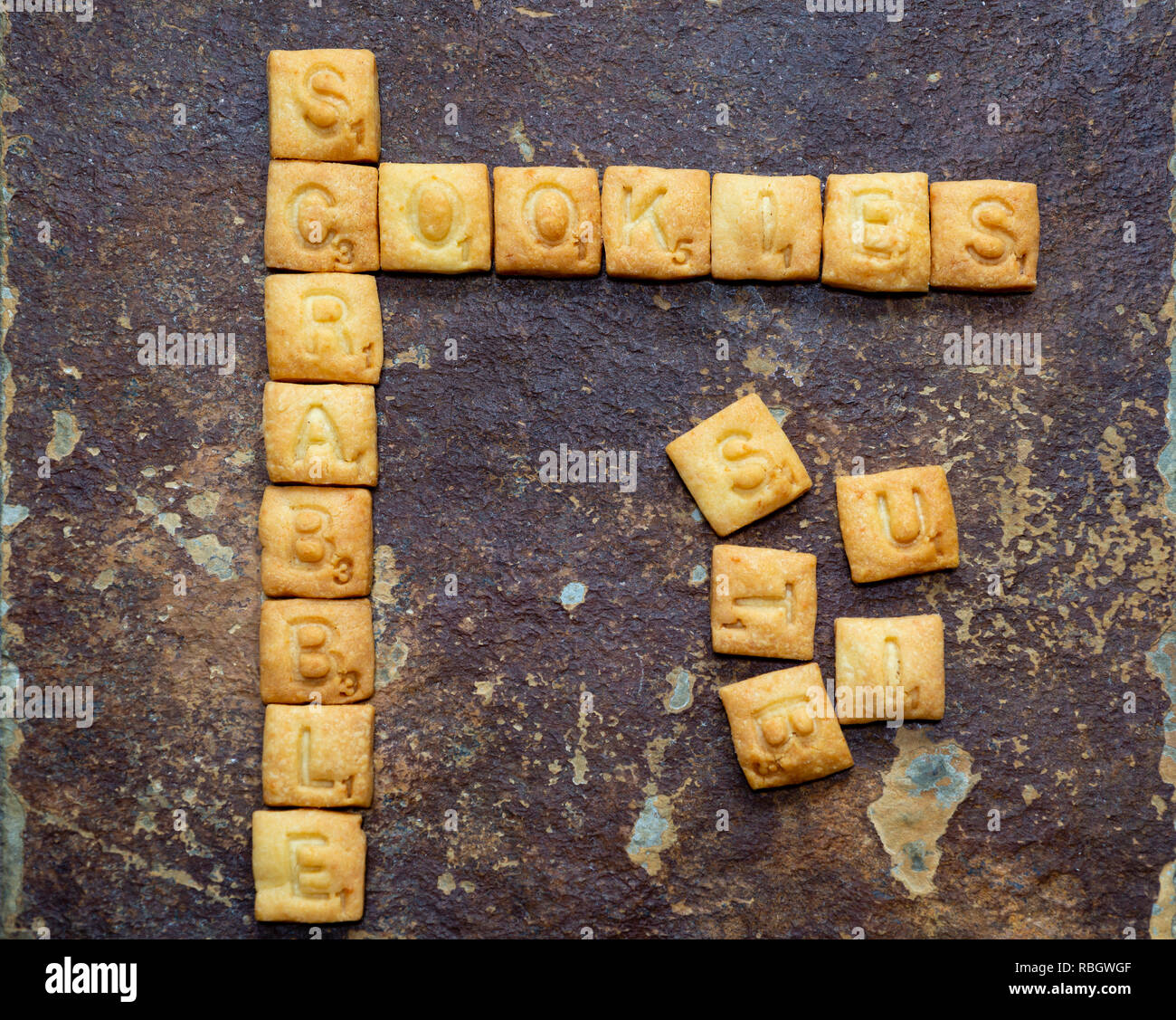 Scrabble cookies - scrabble words made from biscuits / cookies. Stock Photo