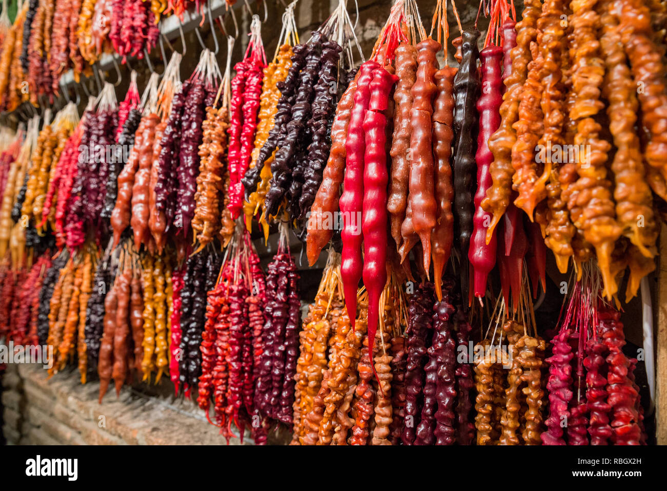 Churchkhela traditional food made from walnuts (or hazelnuts