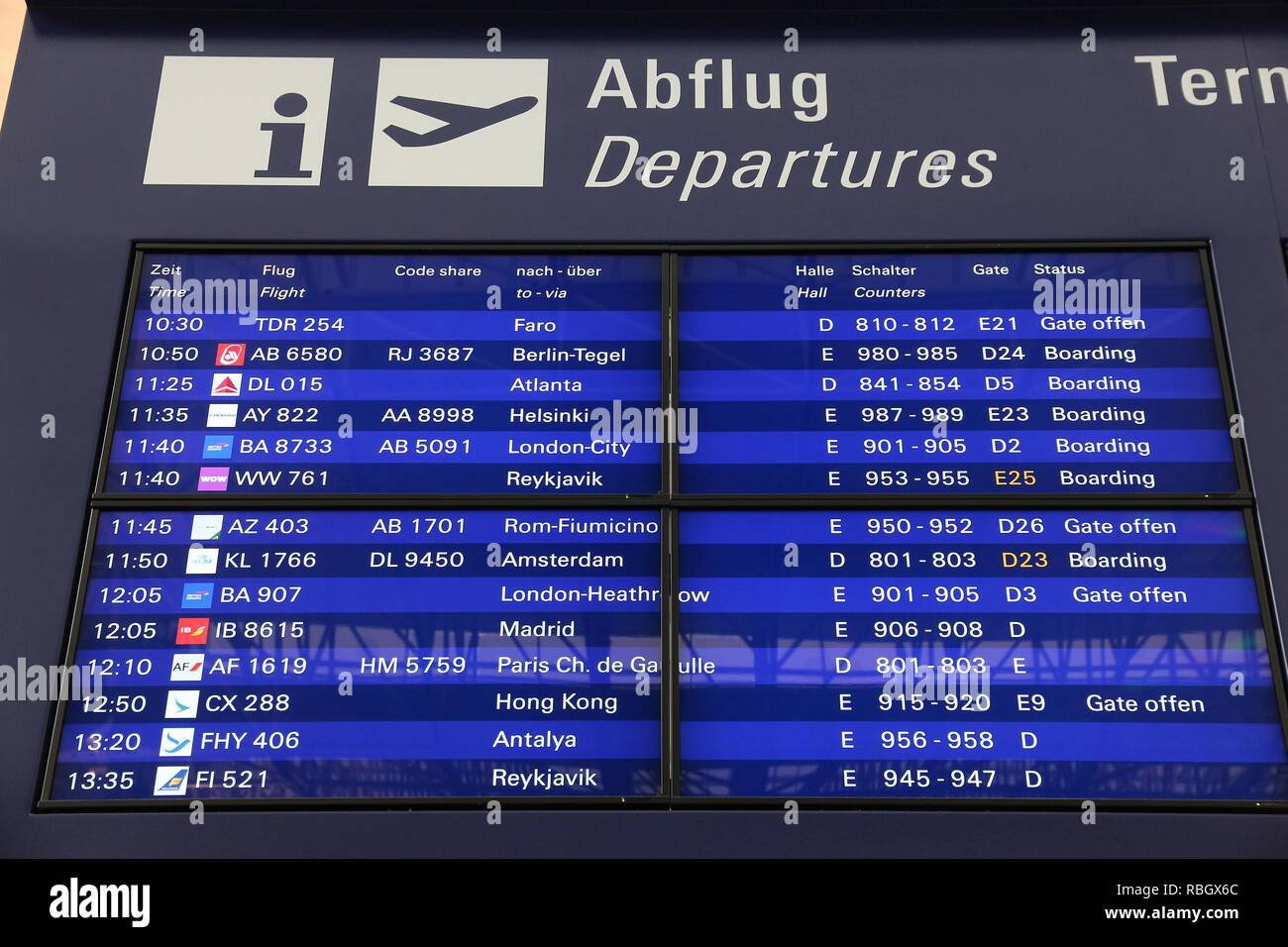 FRANKFURT, GERMANY - DECEMBER 6, 2016: Departures info screen of Frankfurt International Airport in Germany. It is the 12th busiest airport in the wor Stock Photo