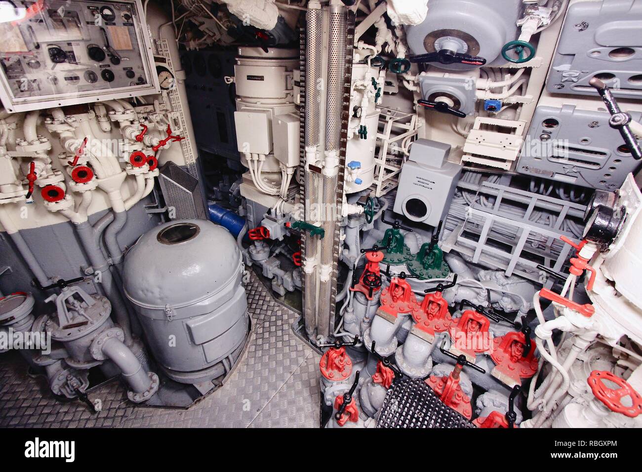 LABOE, GERMANY - AUGUST 30, 2014: Interior of German submarine U-995 (museum ship) in Laboe. It is the only surviving Type VII submarine in the world. Stock Photo