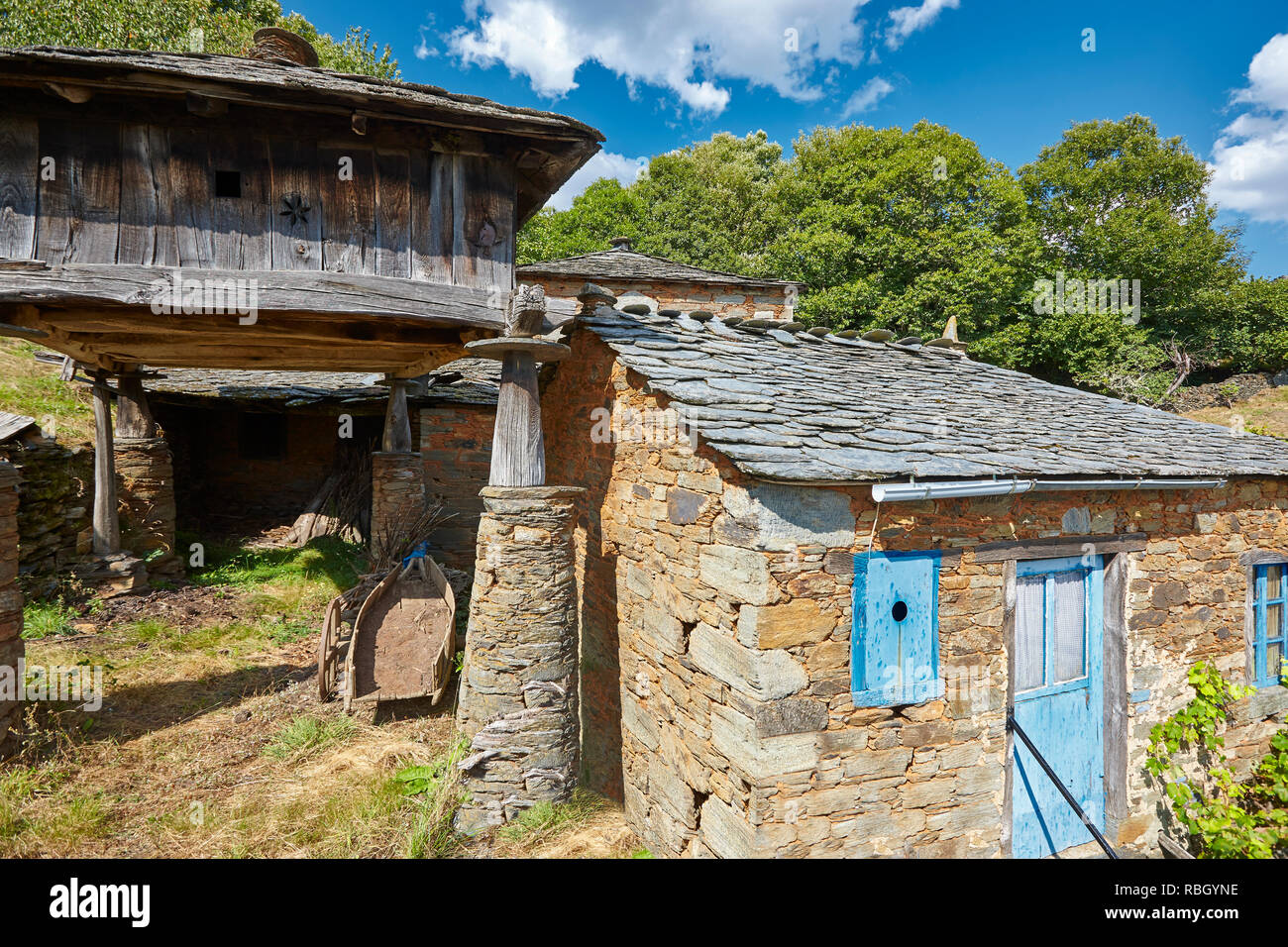 Traditional stone construction village with horreo storage in Asturias. Spain Stock Photo