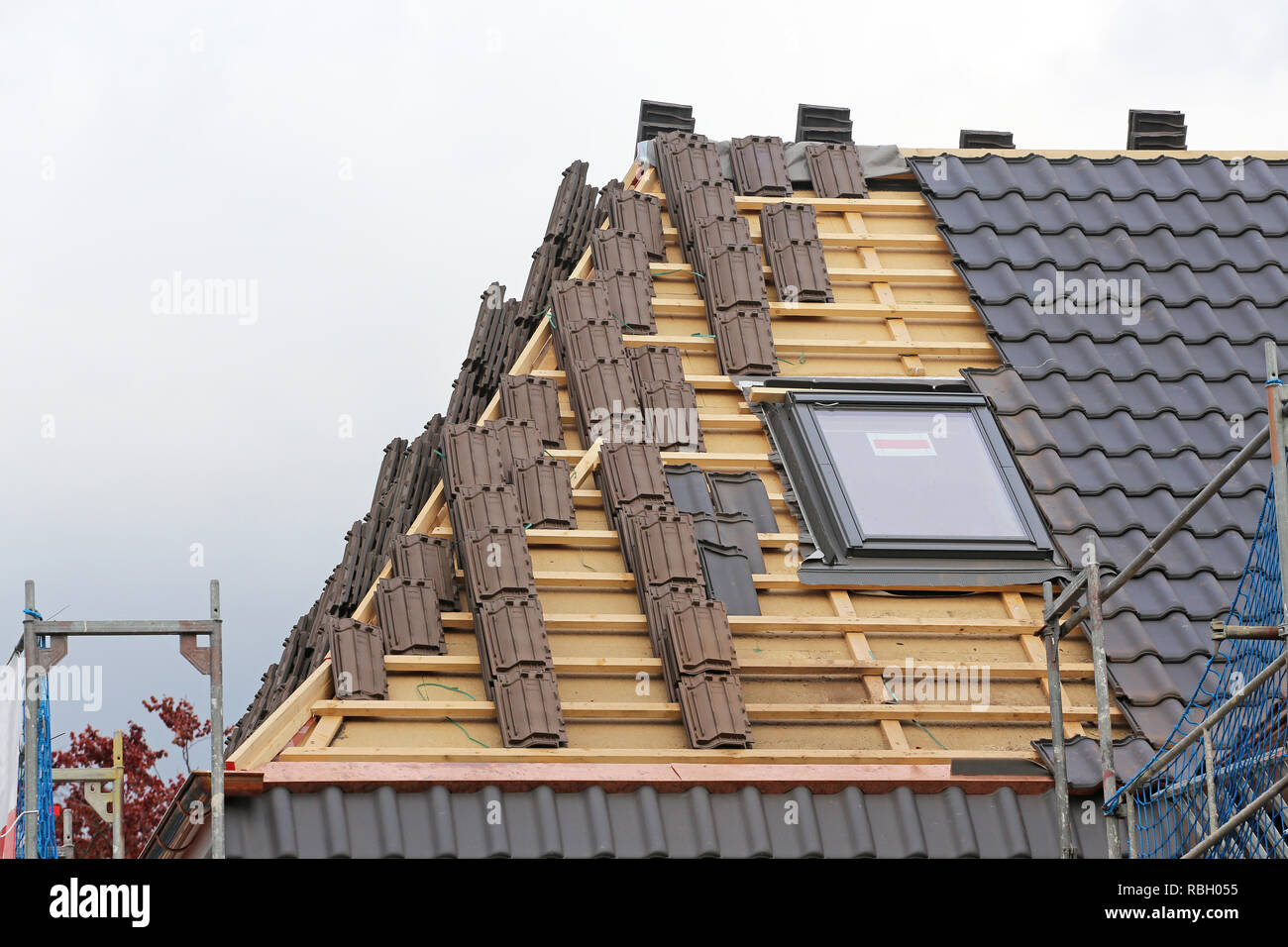 roofing lath on construction site Stock Photo