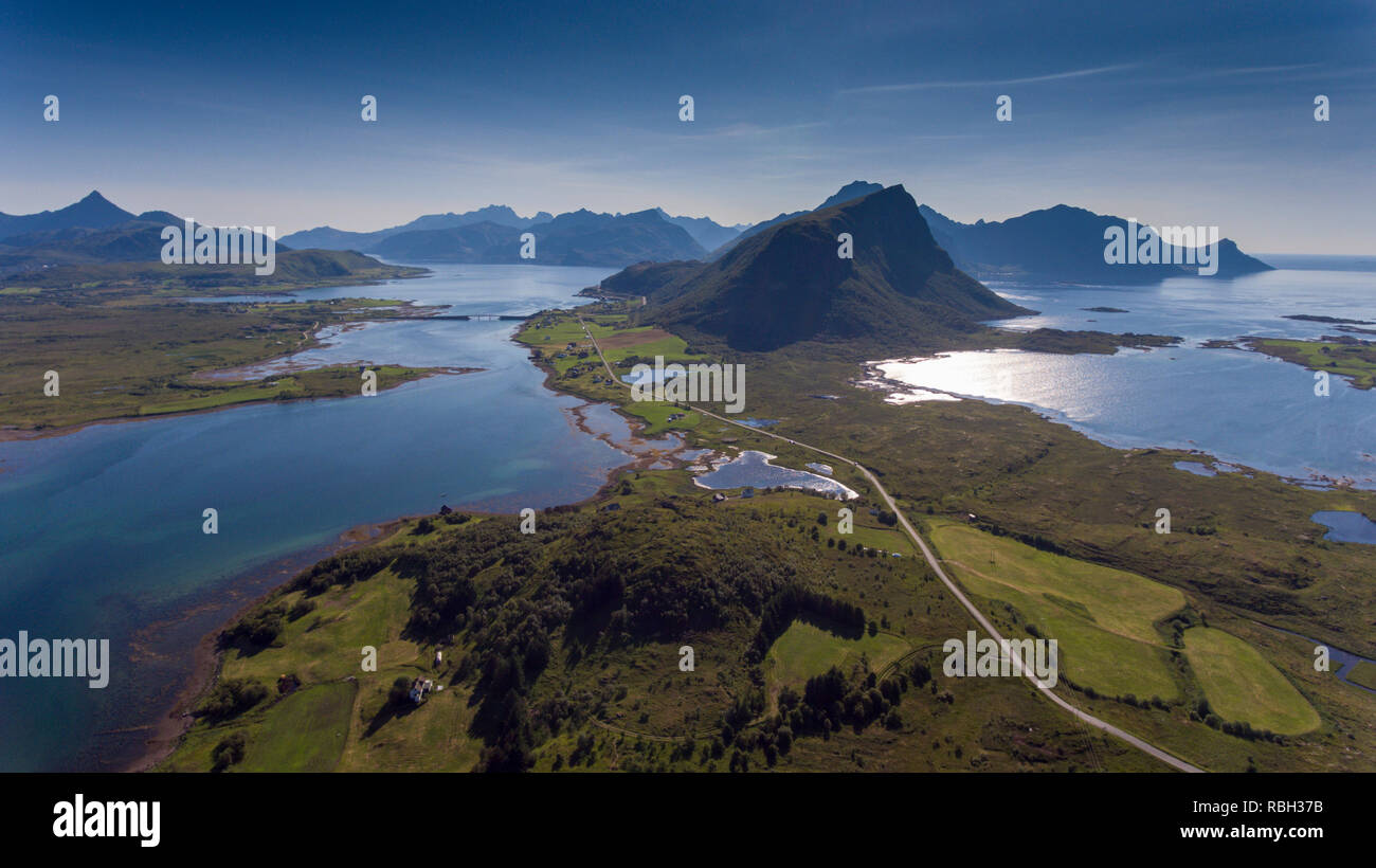 Aerial view of the lakes and mountains near the town of Leknes in Nordland on the Lofoten islands in Norway, Europe. Stock Photo