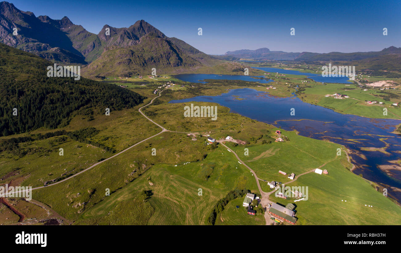 Aerial view of the lakes and mountains near the town of Leknes in Nordland on the Lofoten islands in Norway, Europe. Stock Photo