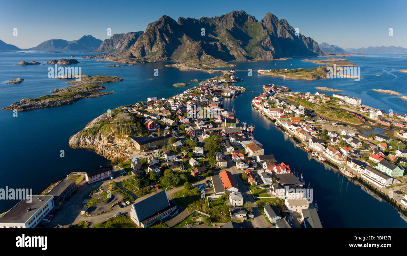 Aerial View Of The Village Of Henningsvaer In Vagan On The Lofoten Islands In Norway Europe Also Shows The Festvagtinden Mountain A Local Landmark Stock Photo Alamy