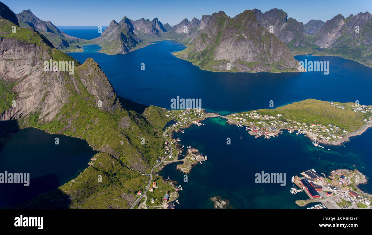 Aerial view of the village of Reine on Moskenesøya, the Lofoten islands in Norway, Europe. Stock Photo