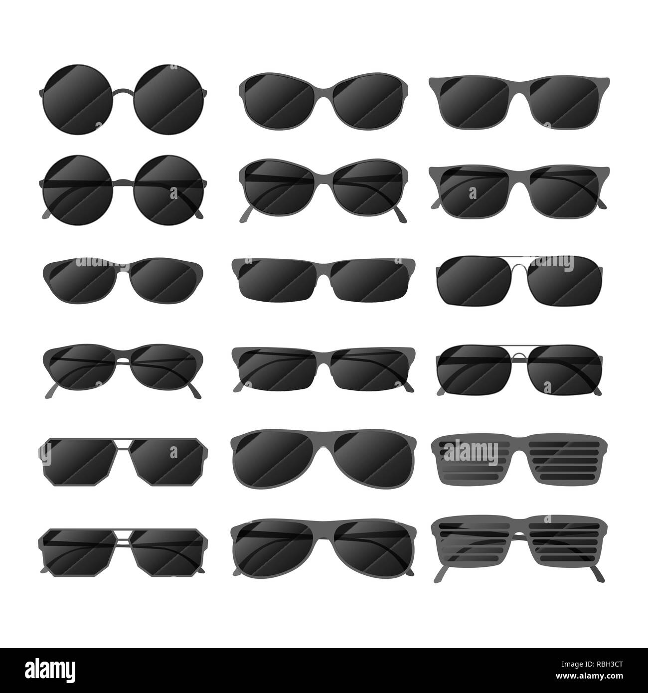 Set of black glossy sunglasses in different style isolated on white