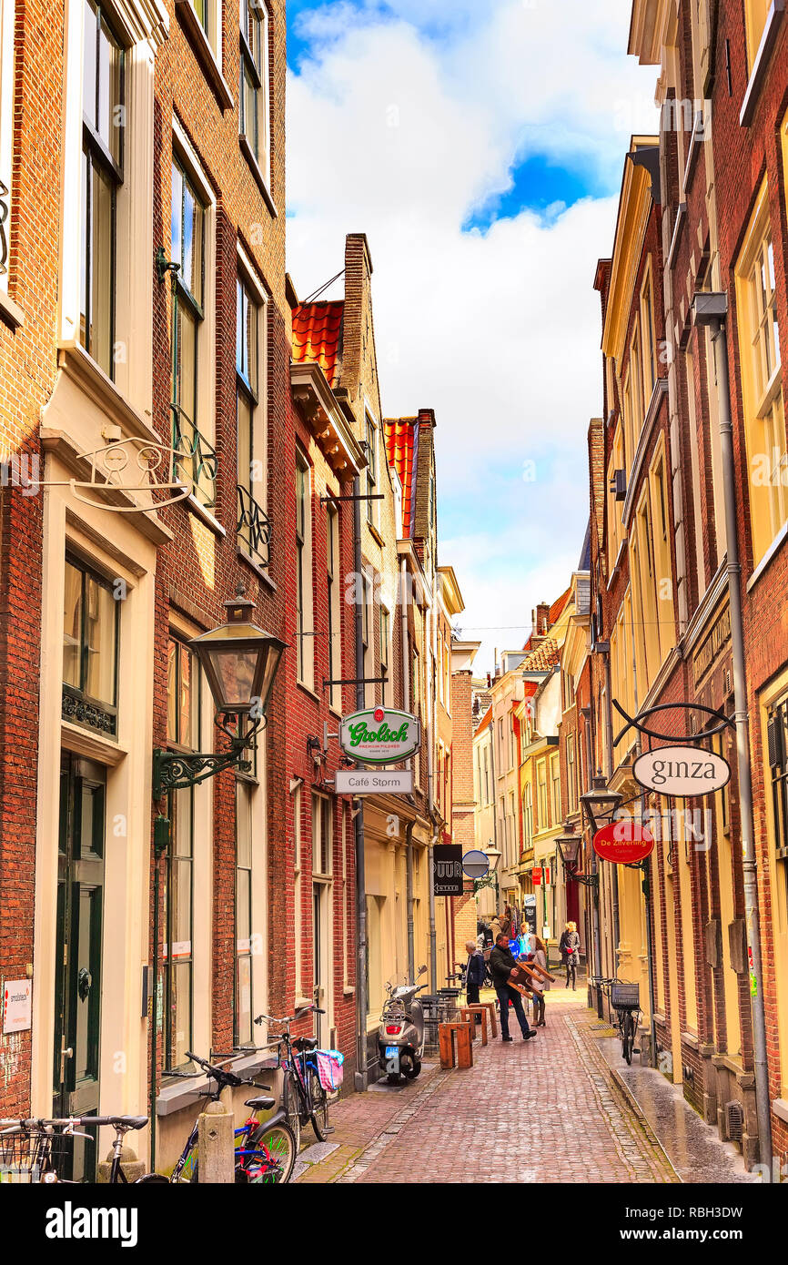 Leiden, Netherlands April 7, 2016 Street view with traditional
