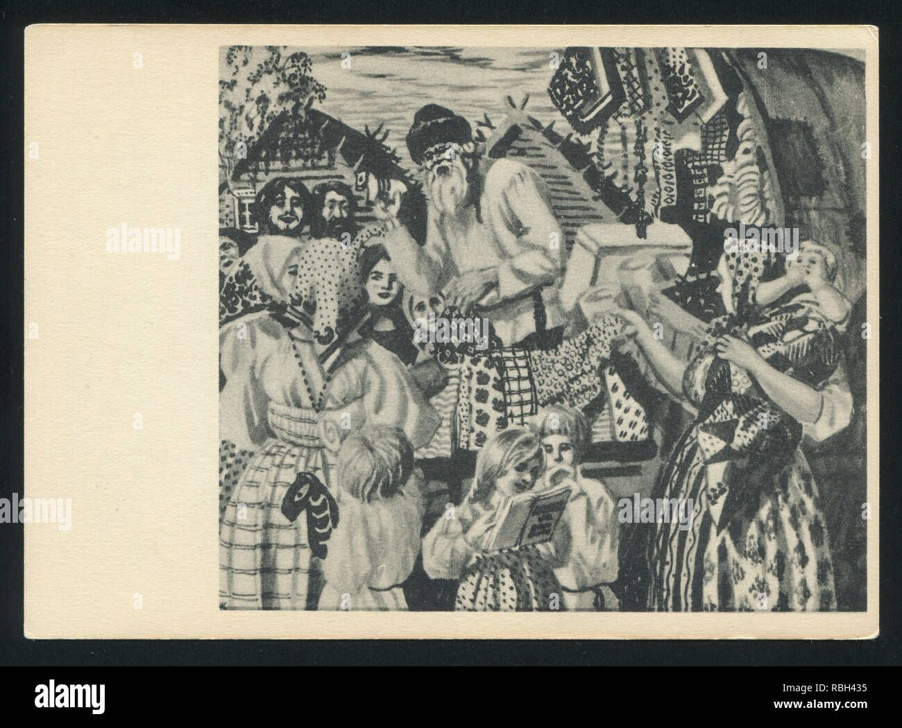 RUSSIA - CIRCA 1961: post card printed by Russia, shows art painting Kustodiev Illustration for Nikolay Nekrasov poem Uncle Jacob, circa 1961. Stock Photo