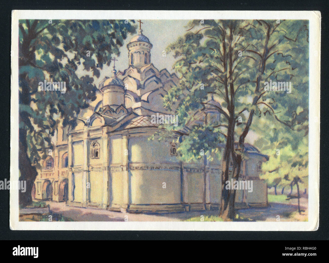 RUSSIA - CIRCA 1972: post card printed by Russia, shows Painting with old buildings in Moscow. Artist Alexander Tsesevich, circa 1972. Stock Photo