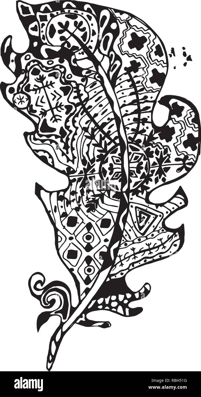 Illustration with stylized feathers with doodle patterns. Stock Vector