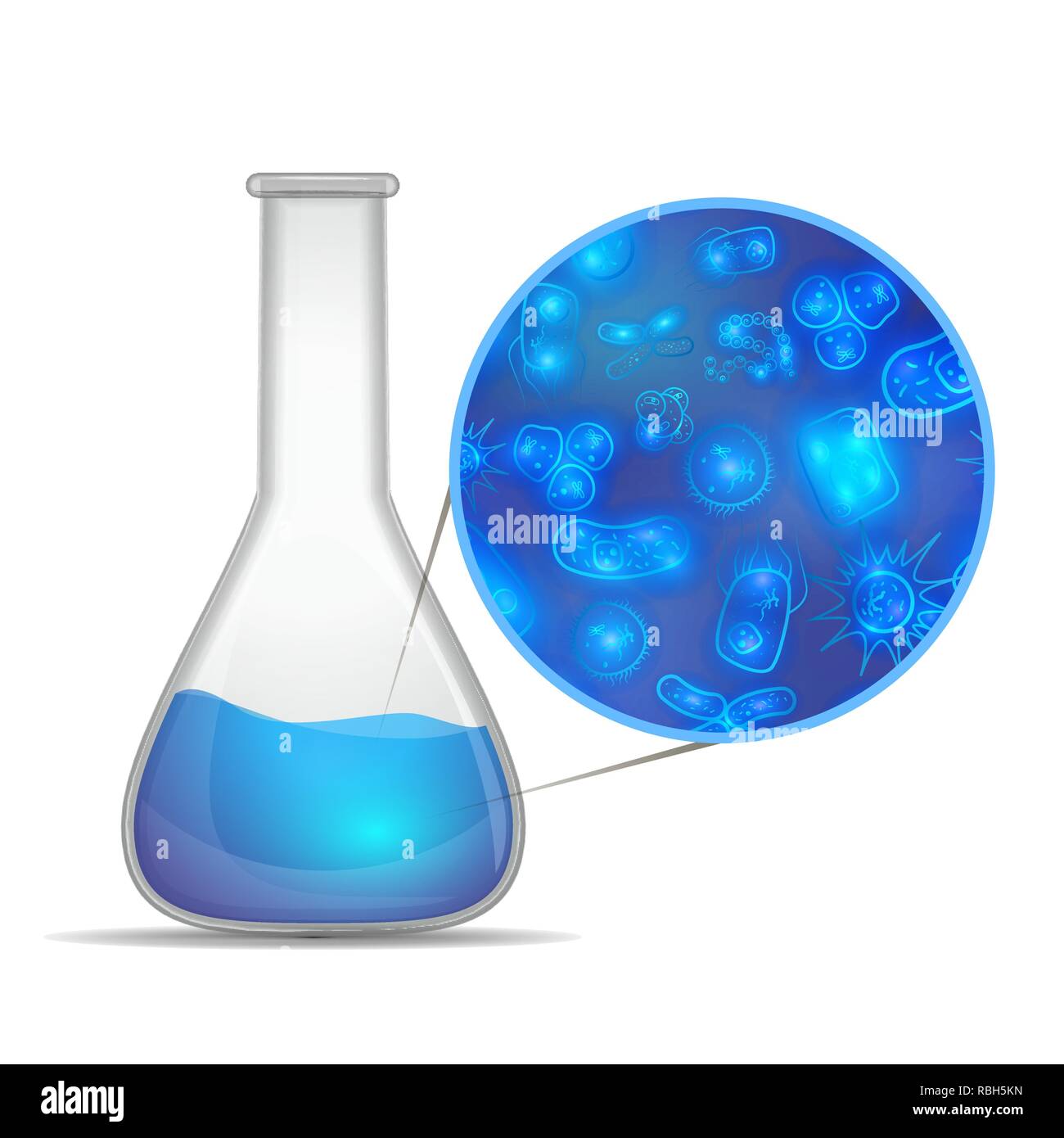 Water composition infographic. Glossy realistic chemical flask with blue substance with lots of bacterias and viruses isolated on white Stock Vector