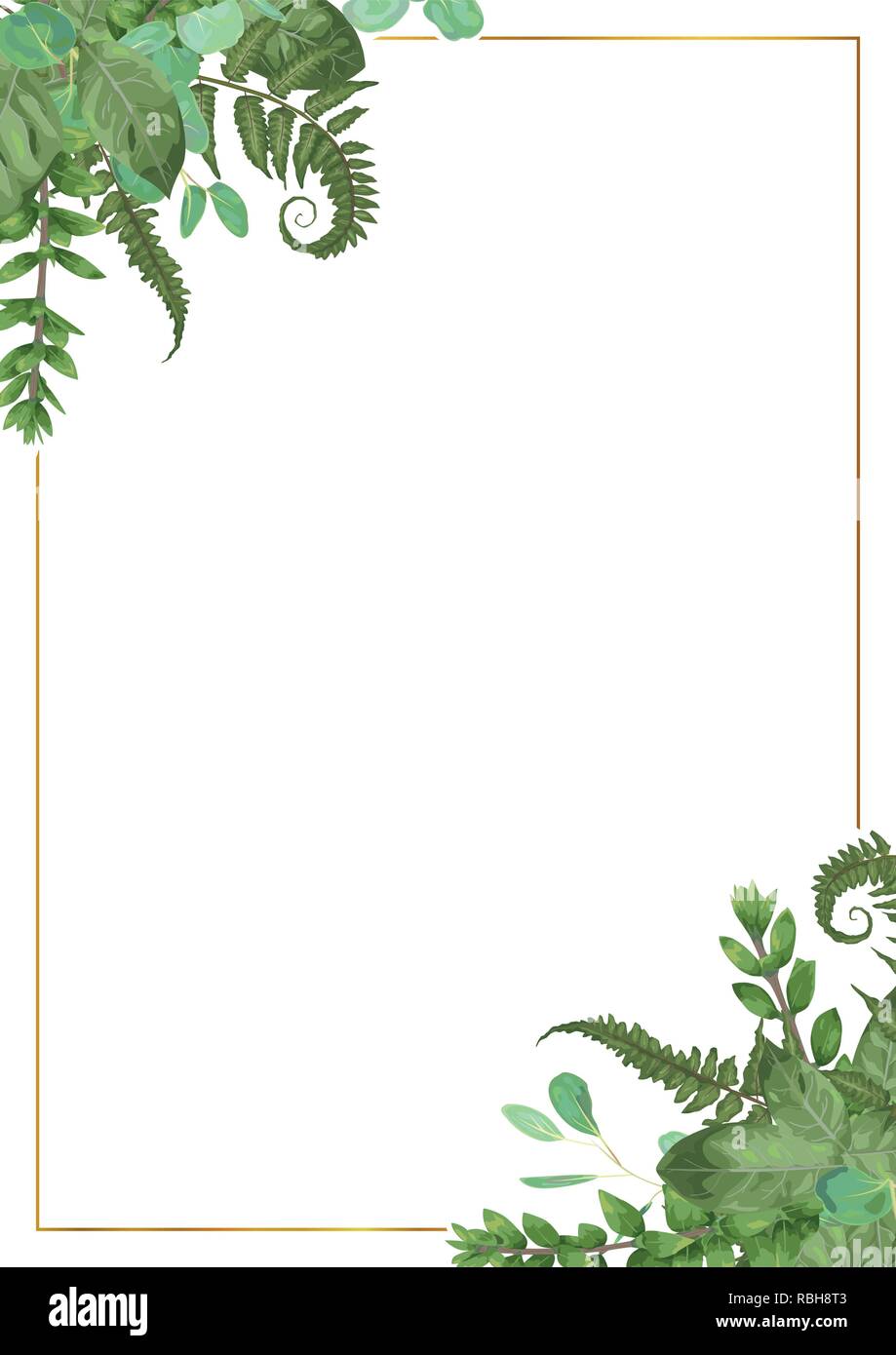 Decorative golden rectangular frame with eucalyptus, fern and boxwood ...