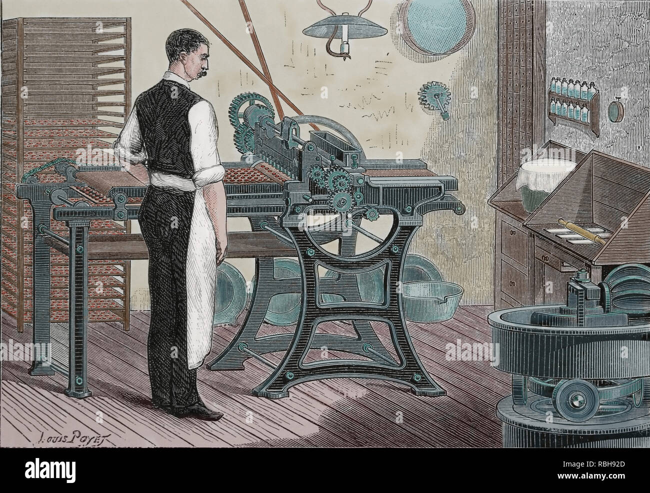 History of medicine. 19th century. Machinery. Cartoning pills. Engraving. Stock Photo