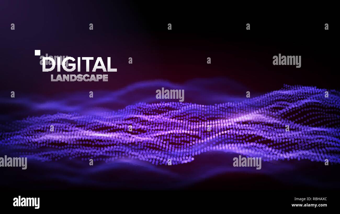 Technology Landscape Vector. Tech Surface. Dot Land. Geometric Data. Particle Wireframe. Big Flow. 3D Illustration Stock Vector
