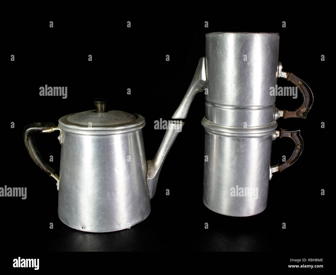 old type of coffee pot and aluminum container for milk Stock Photo