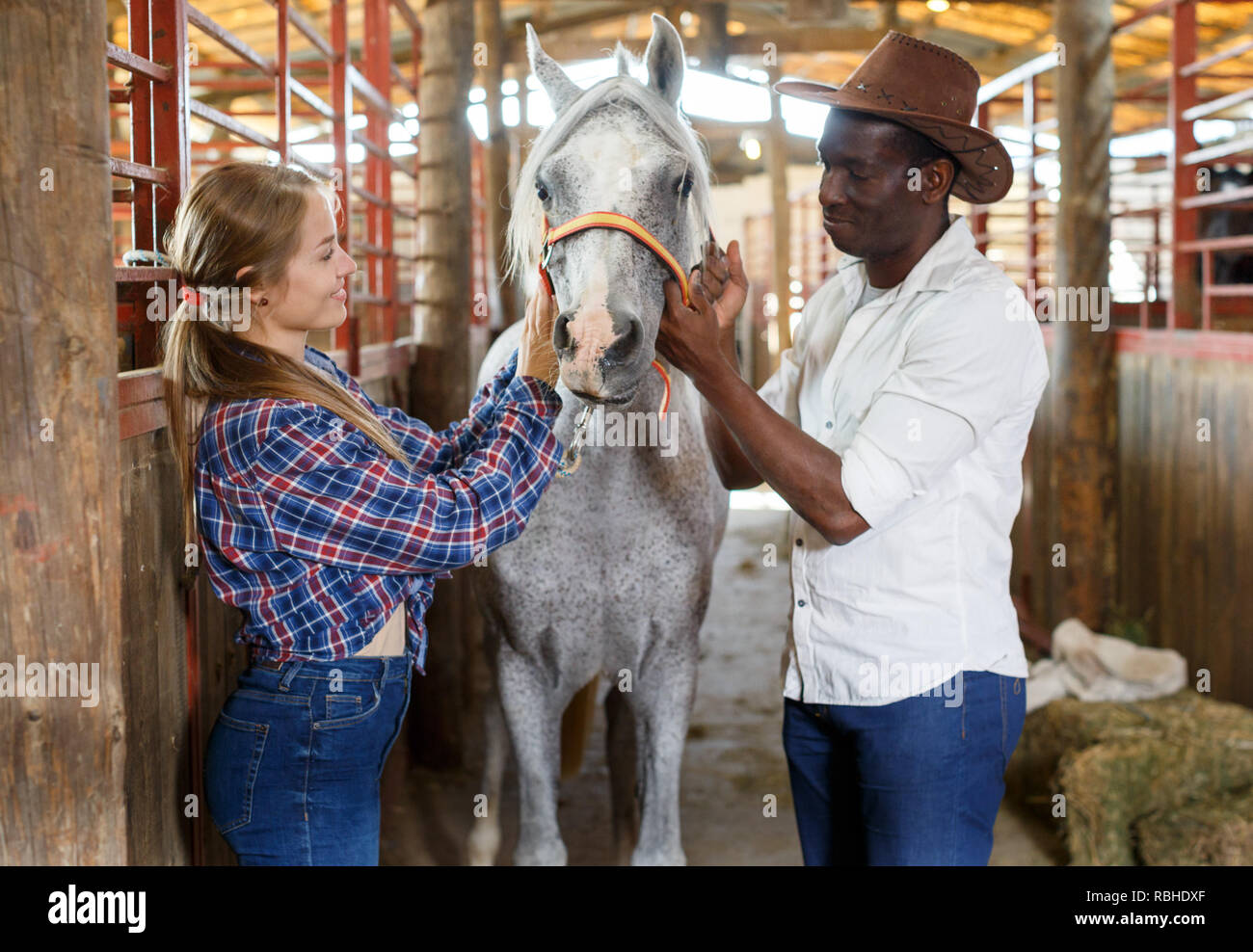 Portrait of couple of horse farm workers cheerful man and woman posing