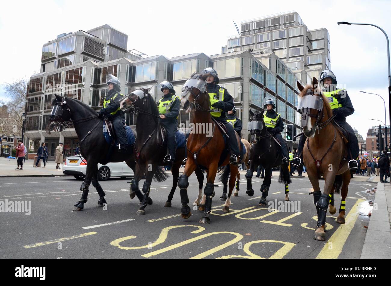 a group of metropolitan police on horseback at the brexit betrayal march in london 2018 Stock Photo