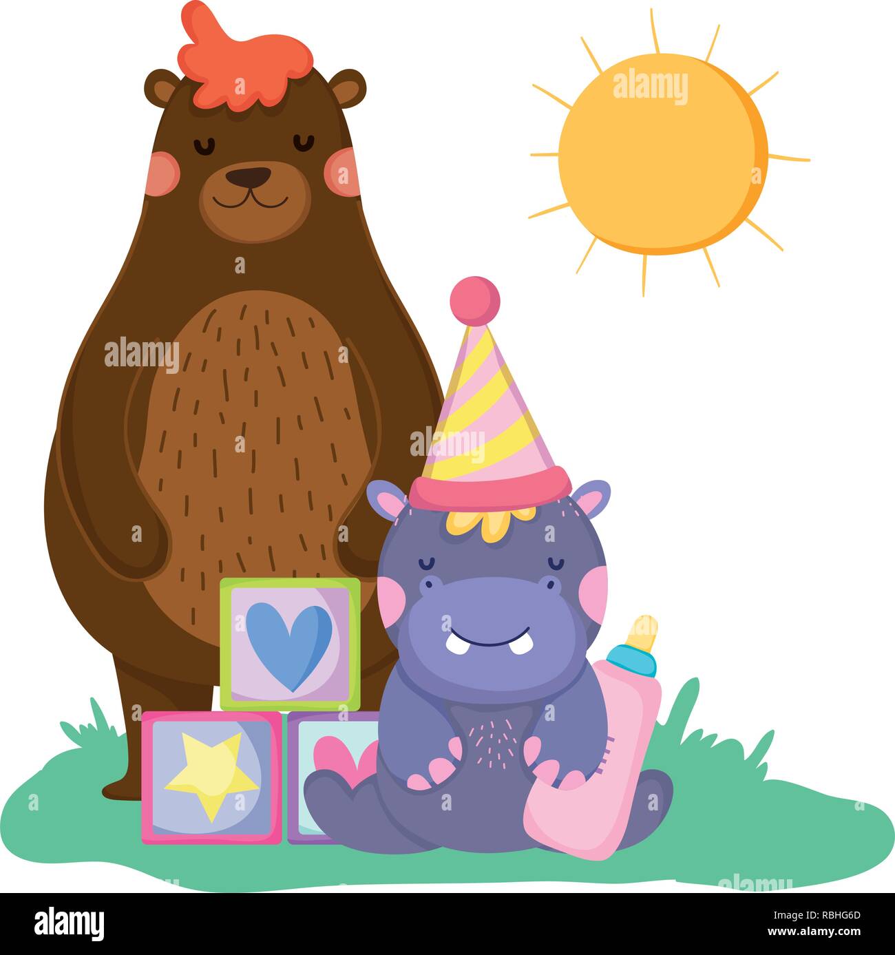 cute and little hippo character with party hat Stock Vector