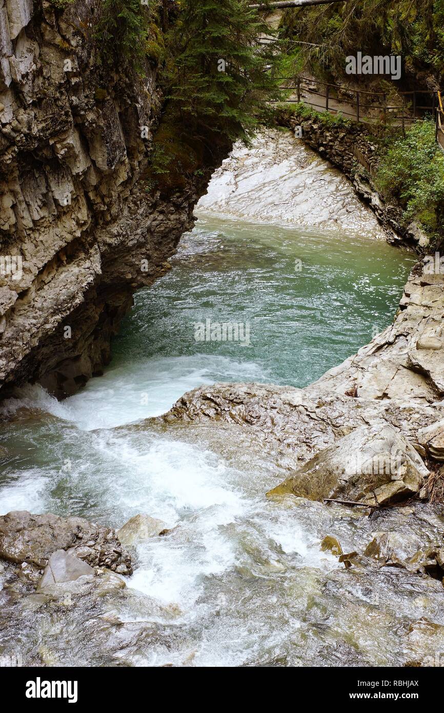 British Columbia, Canada, Canadian Rockies, Waterfall, Gorge, Melt Water, Glacier, Cable Car,Open air. Scenic, Outdoors, Peaceful, Rocky. Stock Photo