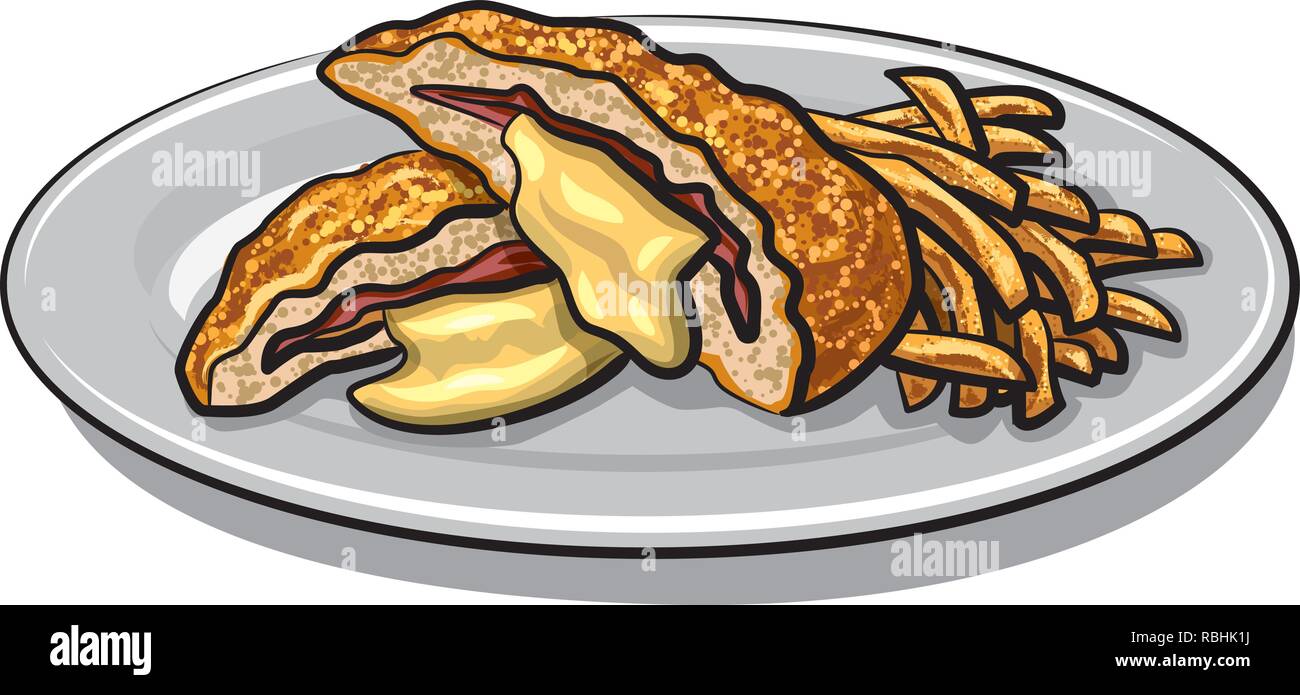 illustration of escalope with fries on a plate Stock Vector