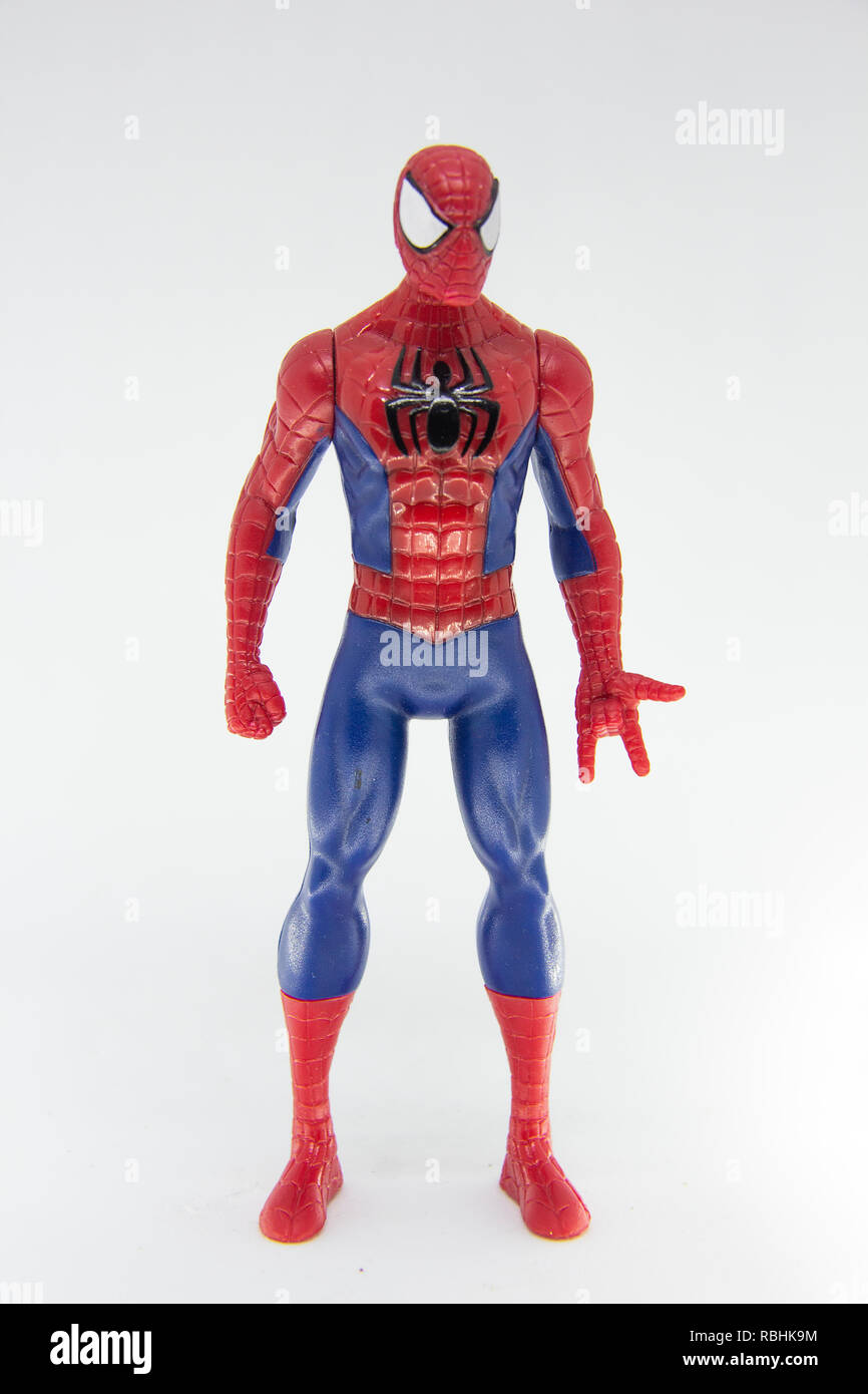 Spider Man Isolated Retro Classic Toy Isolated on White Background. Spiderman Plastic Figure. Stock Photo