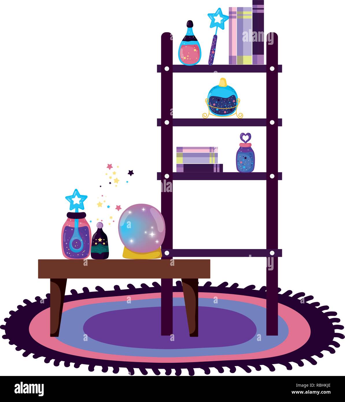 shelving and table with magic potion bottles Stock Vector