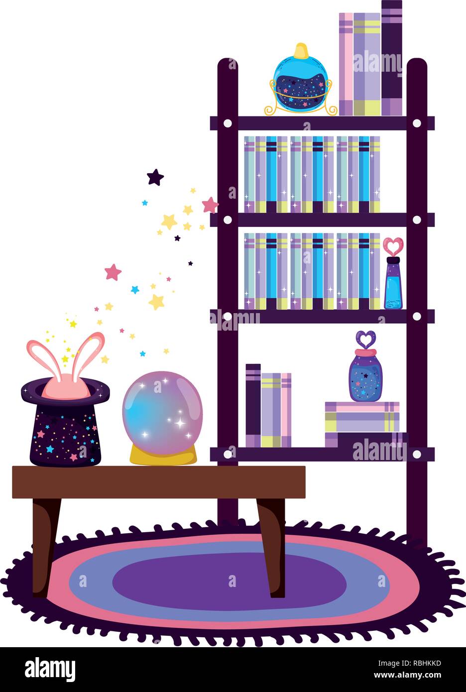 shelving and table with magic potion bottles Stock Vector