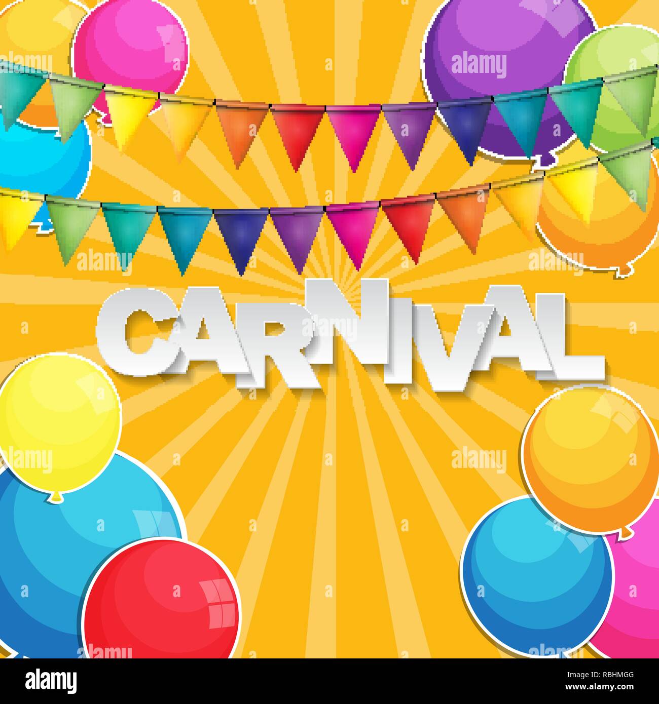 Carnival Banner With Bunting Flags And Flying Balloons Vector