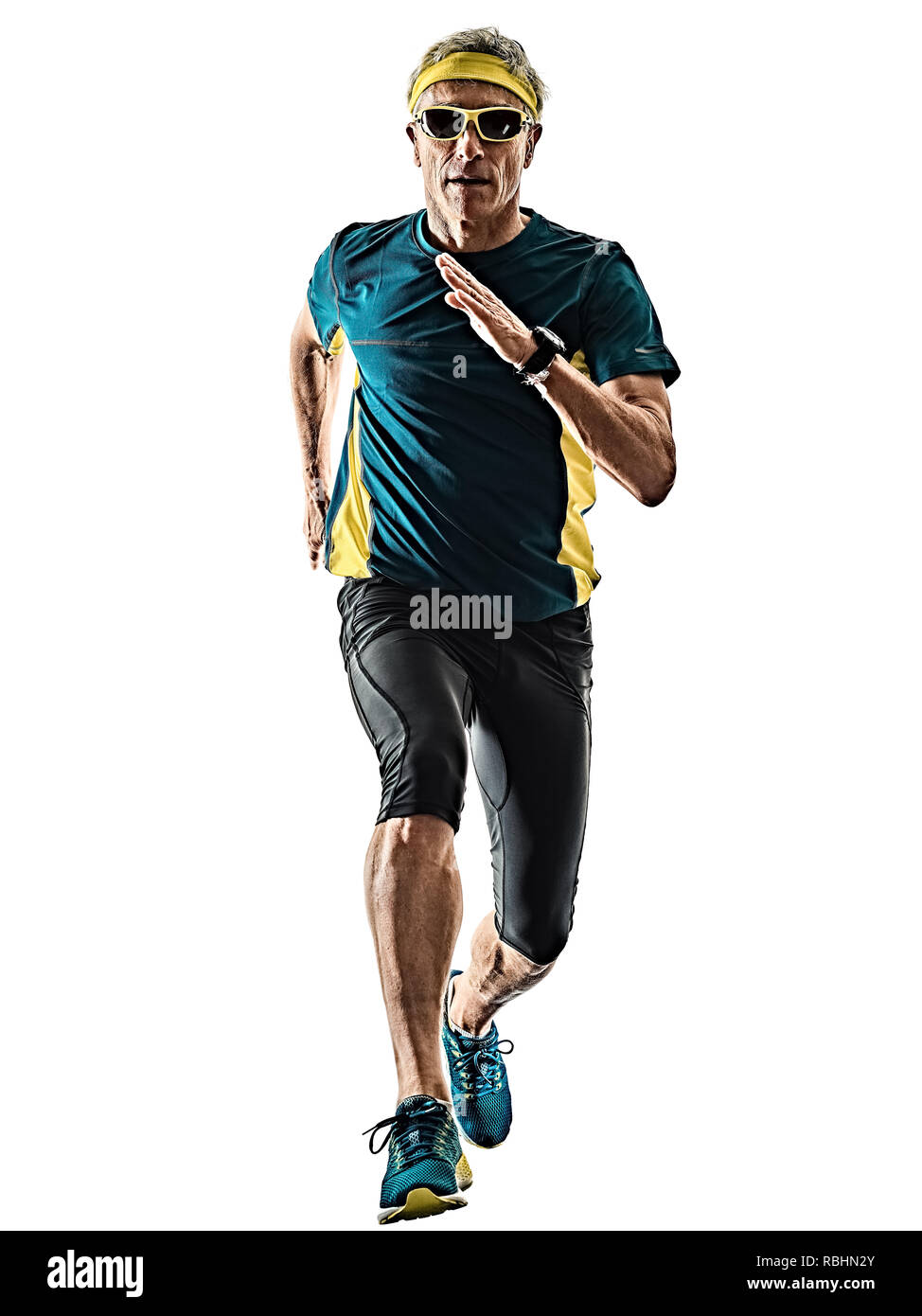 one caucasian senior man running runner jogger jogging  in studio shadow silhouette isolated on white background Stock Photo