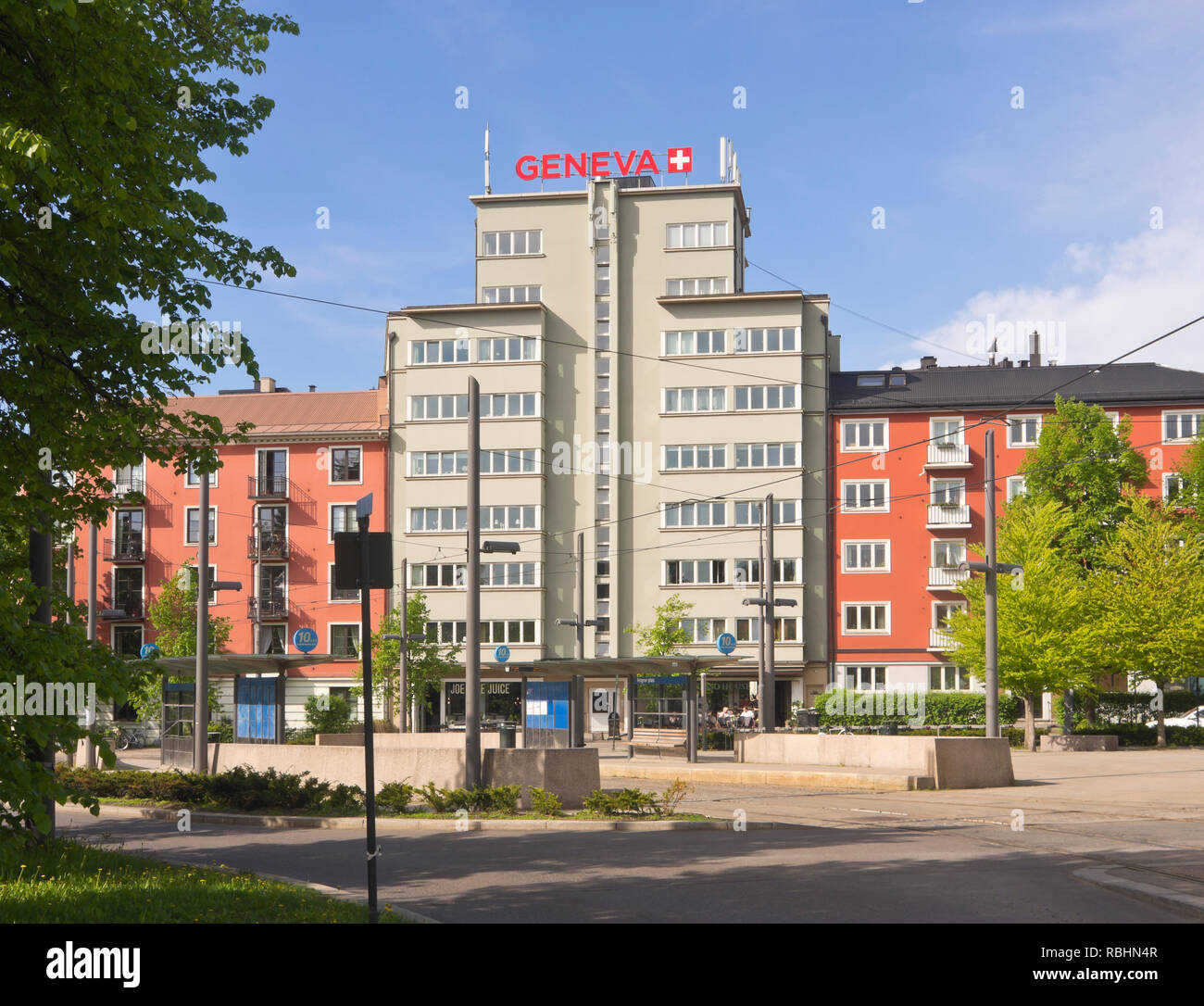 Frogner Plass square in Oslo Norway with a typical functionalist building, tram stop with platforms and benches in front Stock Photo